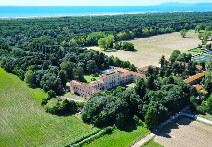 Villa storica immersa nella pineta di levante, con campi coltivati e il mare all'orizzonte.