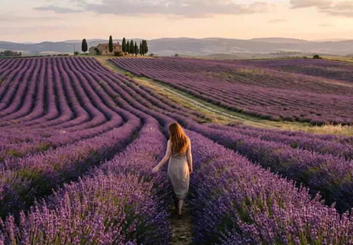 Una donna cammina tra i lavendelfelder toscana al tramonto, con una casa in lontananza.