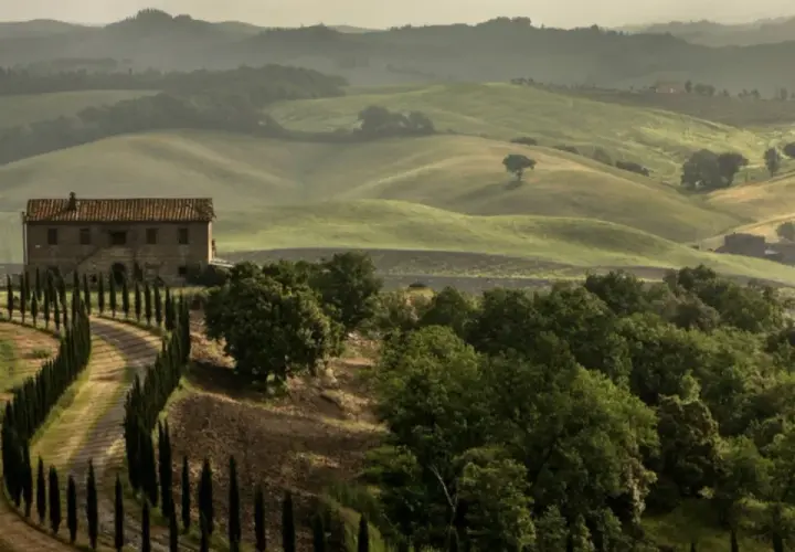 Dolci colline del Val di Merse con un casale in pietra, cipressi e campi verdi sotto un cielo nebbioso.