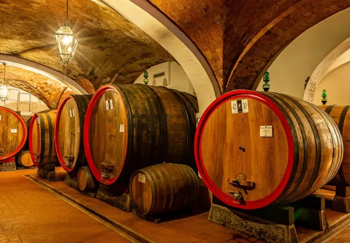 Le cantine di Montepulciano, con botti di legno e soffitti a volta in mattoni, custodiscono il vino.