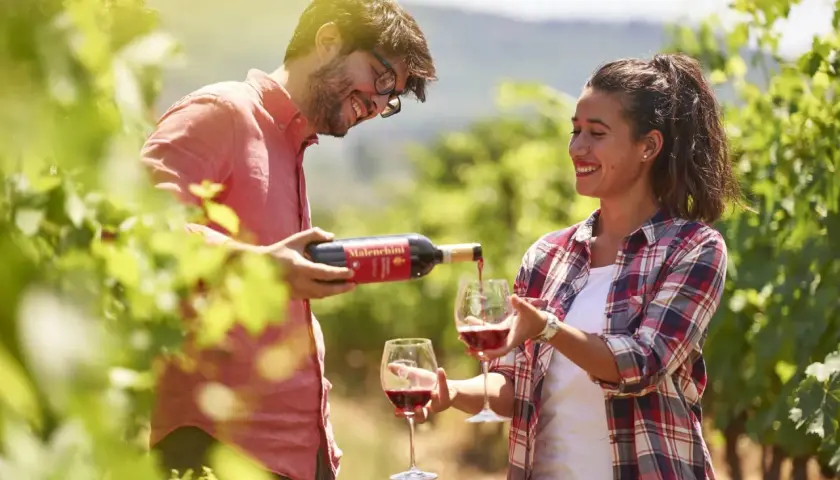 Coppia sorridente assapora il vino rosso Malenchini in un vigneto soleggiato.