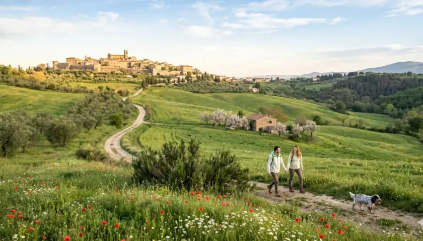 Coppia passeggia con cane tra fiori e ulivi, scoprendo gli **Arezzo geheimtipps** con borgo medievale sullo sfondo.