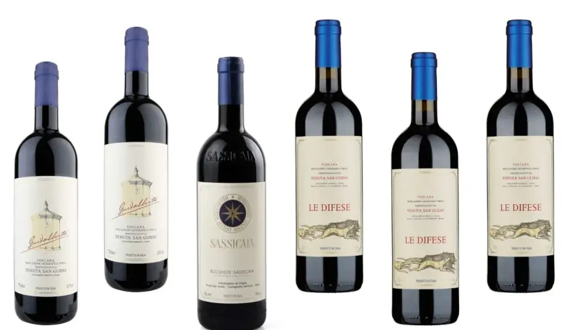 Sei bottiglie di vino Tenuta San Guido: Guidalberto, Sassicaia e Le Difese. Il Sassicaia 2021 punteggio è eccellente.