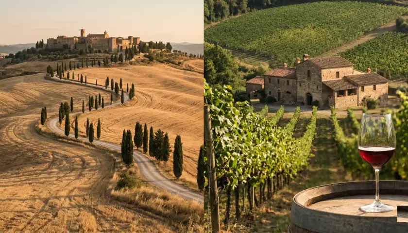 Paesaggio toscano con borgo collinare e vigneti rigogliosi, un bicchiere di vino rosso su una botte, evocando l'essenza della vinicola Chianti.