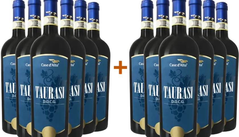 Dodici bottiglie di vino Taurasi D.O.C.G. Case d'Alto, un pregiato vino rosso italiano ottenuto dal vitigno Aglianico.