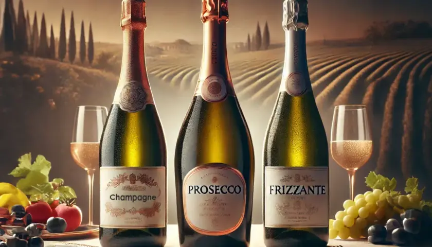 Tre bottiglie di spumante, tra cui un famoso prosecco, con bicchieri e frutta su un tavolo, sullo sfondo di vigneti.