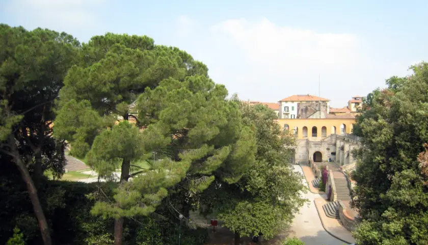 Un angolo del giardino Scotto, con pini marittimi e un edificio storico con arcate.