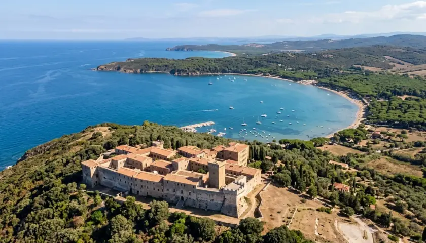 Fortezza del Poggio, una delle meraviglie del Val di Cornia cosa vedere, domina una baia azzurra con barche e una spiaggia dorata.
