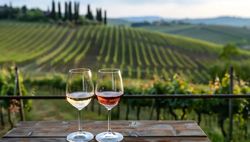 Due calici di vino, uno bianco e uno rosato, su un tavolo di legno con vigneti di Castellina in Chianti sullo sfondo.