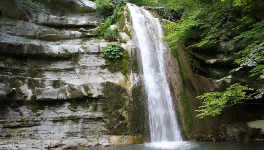 Cascata fragorosa su rocce stratificate, circondata da vegetazione lussureggiante. L'acqua cheta scende impetuosa, creando un velo bianco.