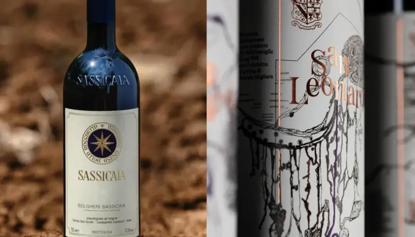 Sassicaia, un vino iconico, forse il più costoso, accanto a un'altra bottiglia con etichetta artistica.