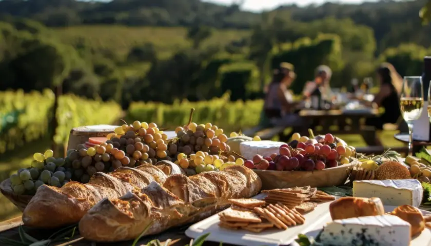 Un banchetto all'aperto tra i vigneti della Maremma: pane, formaggi, uva e vino, con persone che chiacchierano in lontananza.