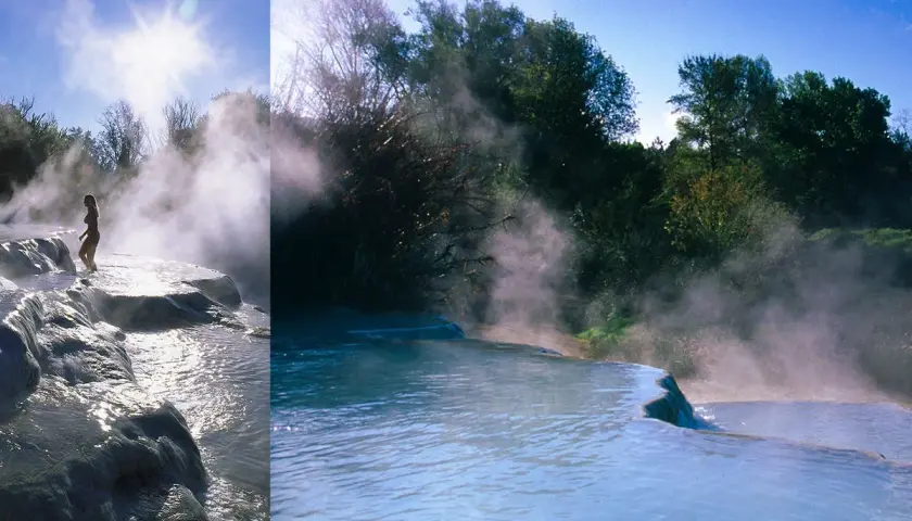 Le **Terme di Saturnia dove si trovano** sono un luogo magico con cascate naturali di acqua sulfurea. Una donna ammira il vapore che sale.