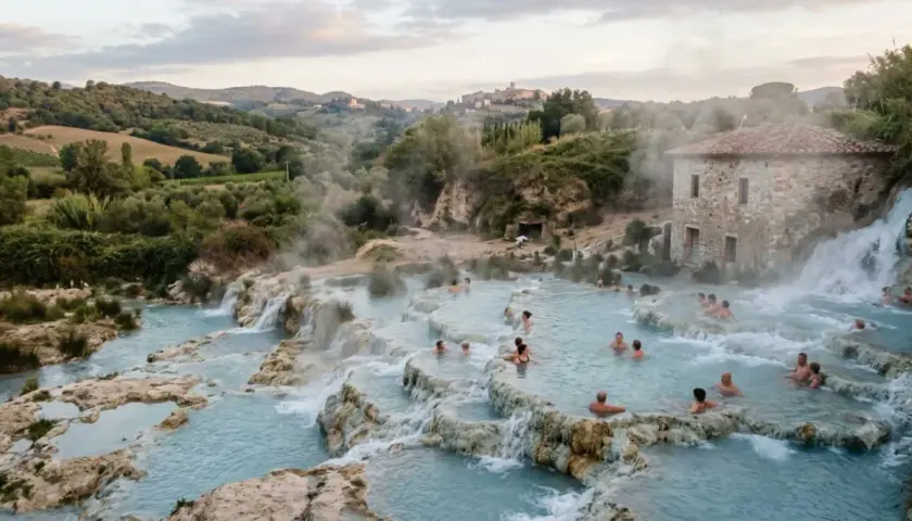 Le terme di Vetulonia, con le loro acque azzurre e fumanti, offrono un rifugio rilassante tra colline toscane.