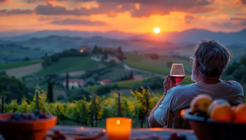 Uomo con bicchiere di vino rosso ammira tramonto su vigneti, pensando alle migliori annate Masseto.
