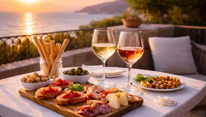 Un aperitivo al tramonto con calici di vini bianchi famosi, bruschette, salumi, formaggi e olive, con vista sul mare.
