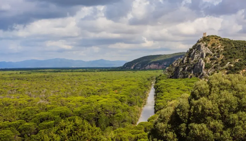 Un fiume serpeggia tra fitti boschi verdi, un paesaggio tipico dei parchi della Toscana, con una torre antica su una collina rocciosa.
