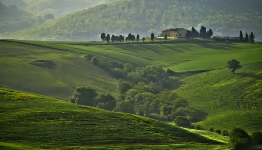 Dolci colline verdi vicino Orciano Pisano, con una casa isolata e cipressi.