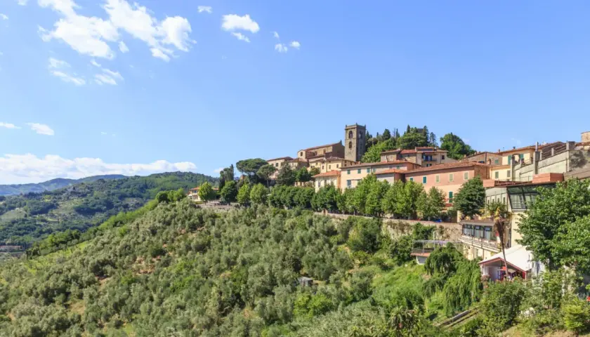 Panoramica di Montecatini Alto, un borgo toscano su una collina verdeggiante. Un luogo incantevole da esplorare, con case colorate e un campanile antico.