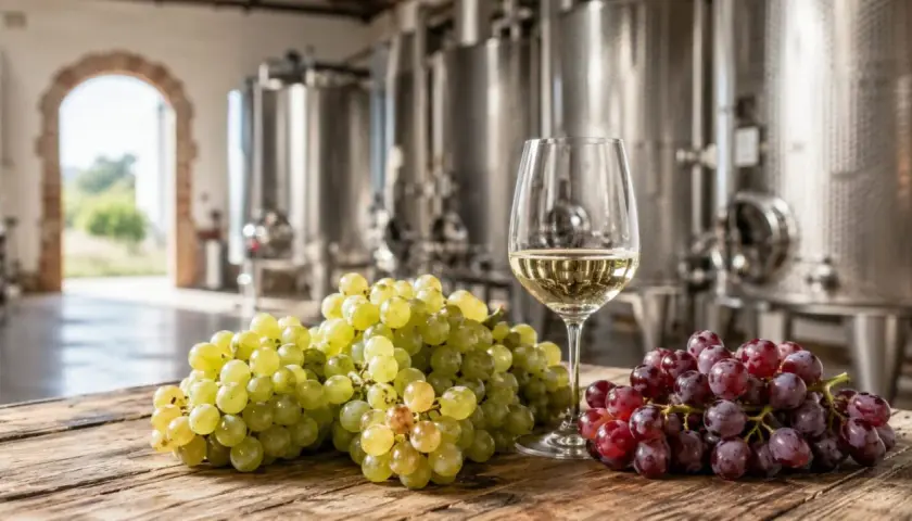 Uva bianca e rossa su un tavolo di legno, con un bicchiere di vino bianco e grandi serbatoi di acciaio inossidabile sullo sfondo, evocano il processo di vinificazione in bianco.