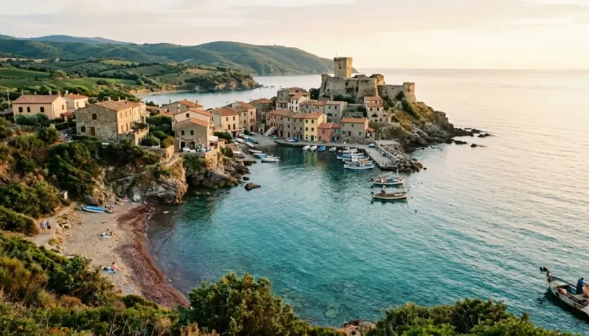 Borghi pittoreschi con un castello medievale affacciato sul mare, barche nel porto e una piccola spiaggia. Un incantevole scorcio di borghi vicino Marina di Massa.