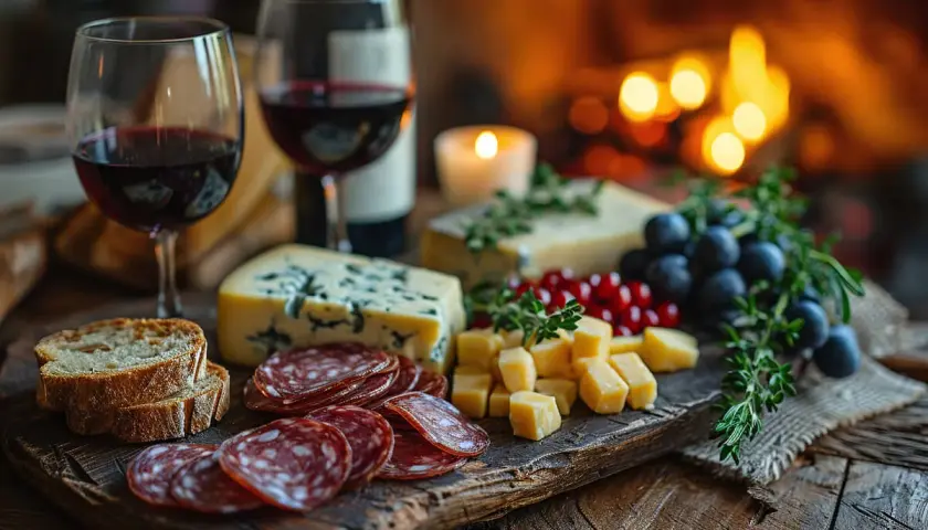 Tagliere con salumi, formaggi, uva e pane, perfetto per un abbinamento barolo davanti al camino.