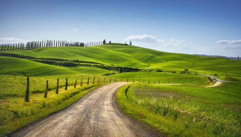 Strada sterrata tra dolci colline verdi in Toscana, un invito a scoprire cosa vedere a Monteroni d'Arbia.