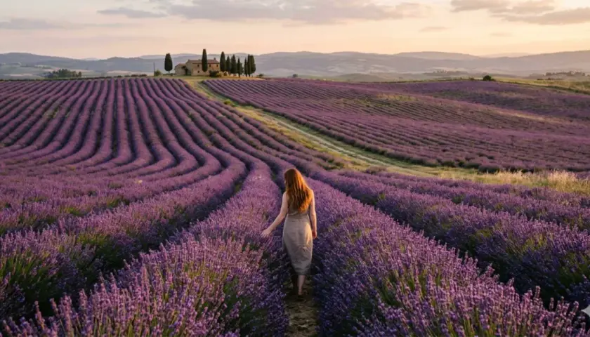 Una donna cammina tra i lavendelfelder toscana al tramonto, con una casa in lontananza.
