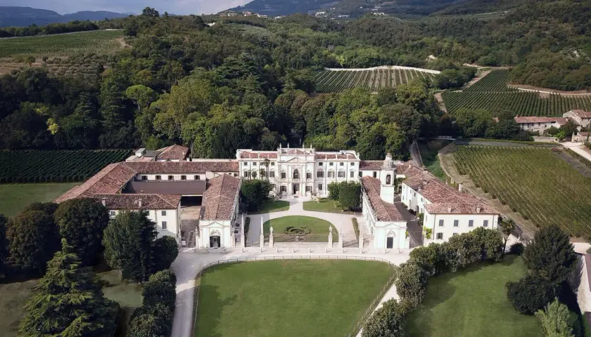 Tenuta Santa Maria: maestosa villa circondata da vigneti e alberi, con un ampio prato antistante.