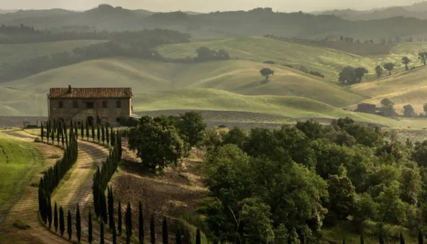 Dolci colline del Val di Merse con un casale in pietra, cipressi e campi verdi sotto un cielo nebbioso.