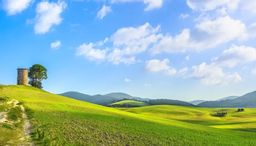 Colline verdi sotto un cielo azzurro con nuvole bianche, un sentiero sterrato conduce a una torre antica. Paesaggio tipico per i vini toscani.