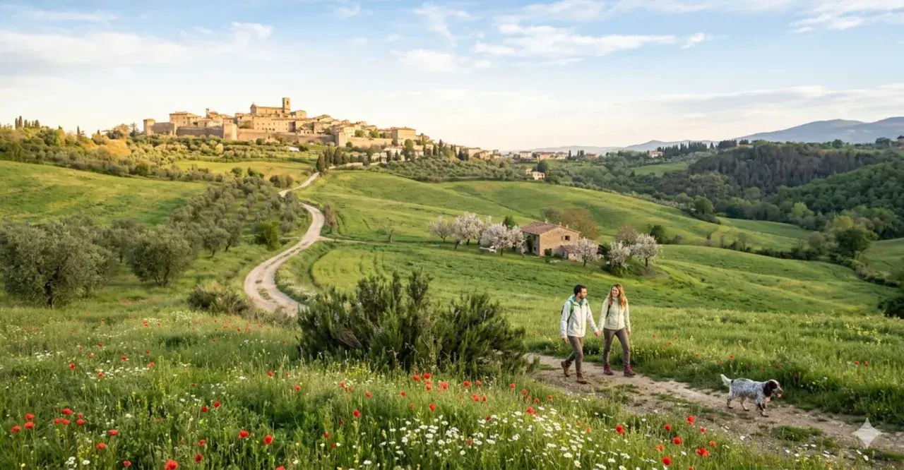 Coppia passeggia con cane tra fiori e ulivi, scoprendo gli **Arezzo geheimtipps** con borgo medievale sullo sfondo.