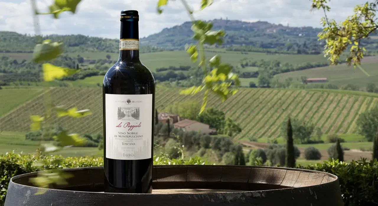 Bottiglia di Vino Nobile di Montepulciano su una botte, con vigneti e colline toscane sullo sfondo. Un invito a una visita cantina Montepulciano.