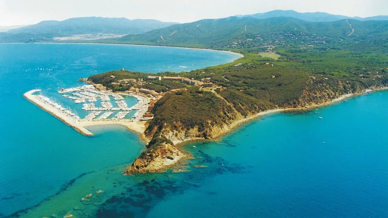 Vista aerea di una punta con un porto turistico pieno di barche, case e vegetazione. Un luogo incantevole dove la punta ala cosa vedere.