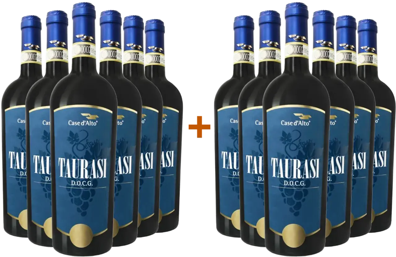 Dodici bottiglie di vino Taurasi D.O.C.G. Case d'Alto, un pregiato vino rosso italiano ottenuto dal vitigno Aglianico.
