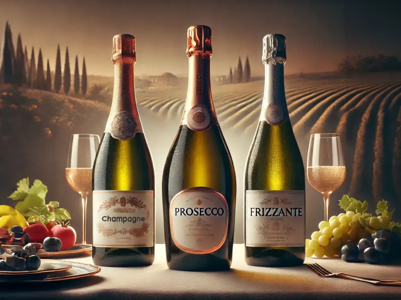 Tre bottiglie di spumante, tra cui un famoso prosecco, con bicchieri e frutta su un tavolo, sullo sfondo di vigneti.