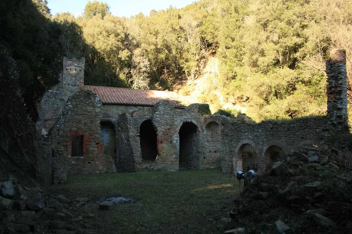 Rovine dell'eremo di San Guglielmo, con archi in pietra e un tetto parzialmente intatto, immerso nel verde di una collina boscosa.