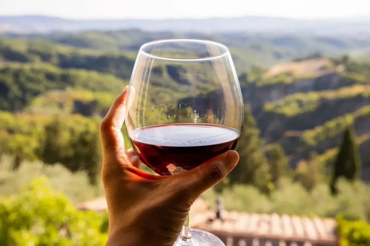 Un bicchiere di vino rosso, forse il miglior Morellino di Scansano, con un panorama collinare toscano sullo sfondo.