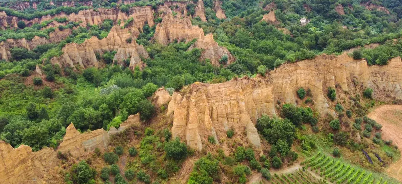 Le suggestive balze del Valdarno, scolpite dal tempo, si ergono tra rigogliosi boschi e vigneti.