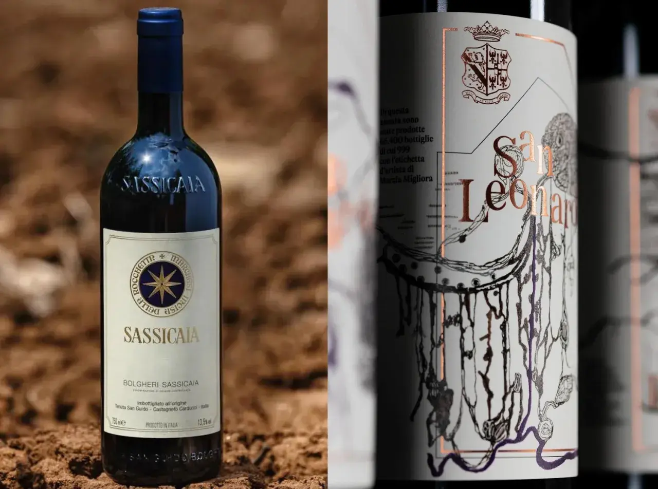 Sassicaia, un vino iconico, forse il più costoso, accanto a un'altra bottiglia con etichetta artistica.