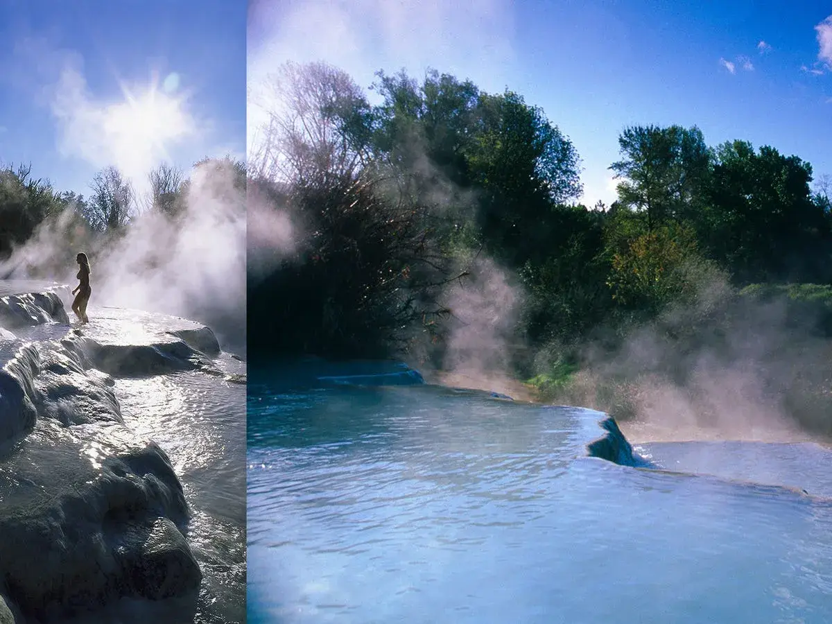 Le **Terme di Saturnia dove si trovano** sono un luogo magico con cascate naturali di acqua sulfurea. Una donna ammira il vapore che sale.