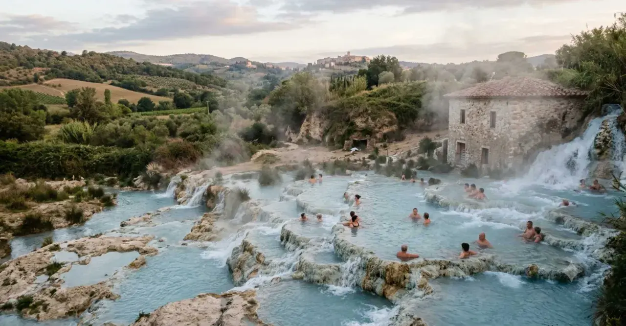Le terme di Vetulonia, con le loro acque azzurre e fumanti, offrono un rifugio rilassante tra colline toscane.