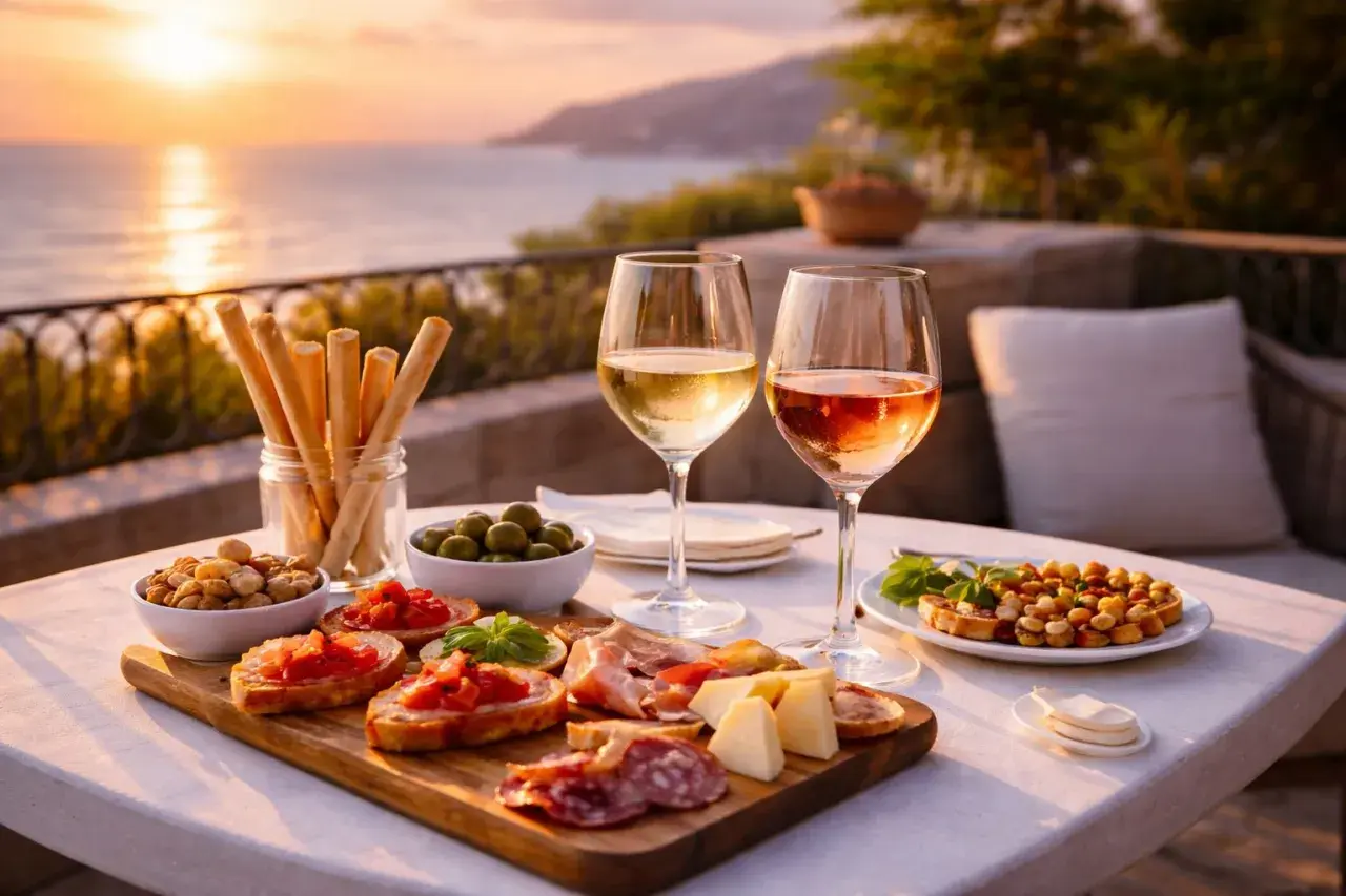 Un aperitivo al tramonto con calici di vini bianchi famosi, bruschette, salumi, formaggi e olive, con vista sul mare.