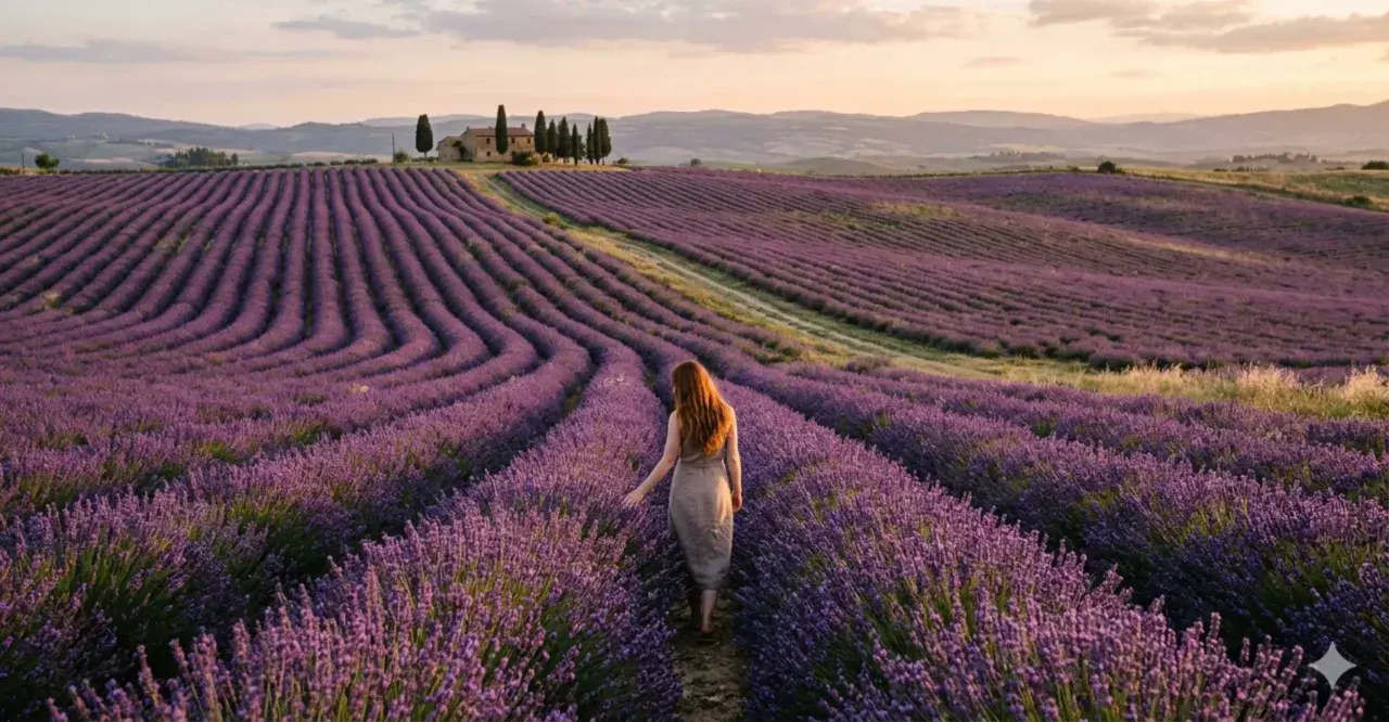 Una donna cammina tra i lavendelfelder toscana al tramonto, con una casa in lontananza.