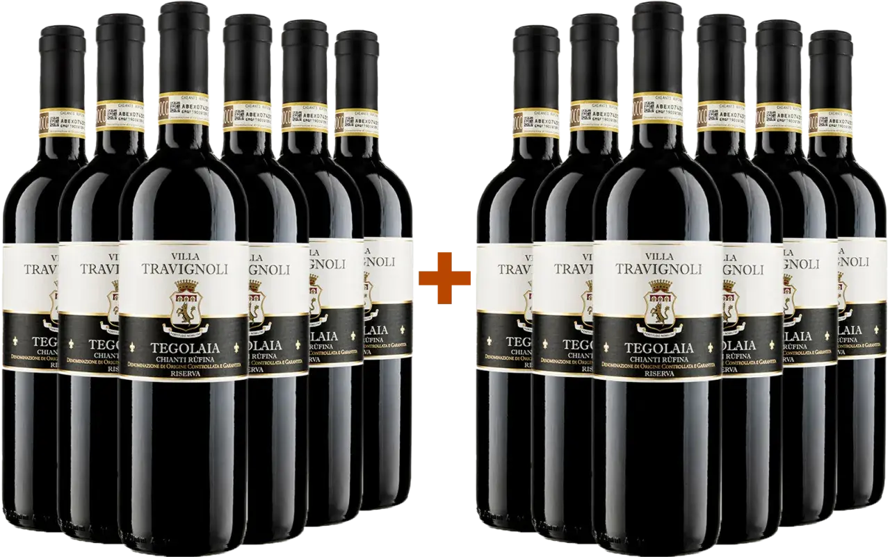 Dodici bottiglie di vino rosso Villa Travignoli, un Chianti Rufina Riserva, disposte in due file.