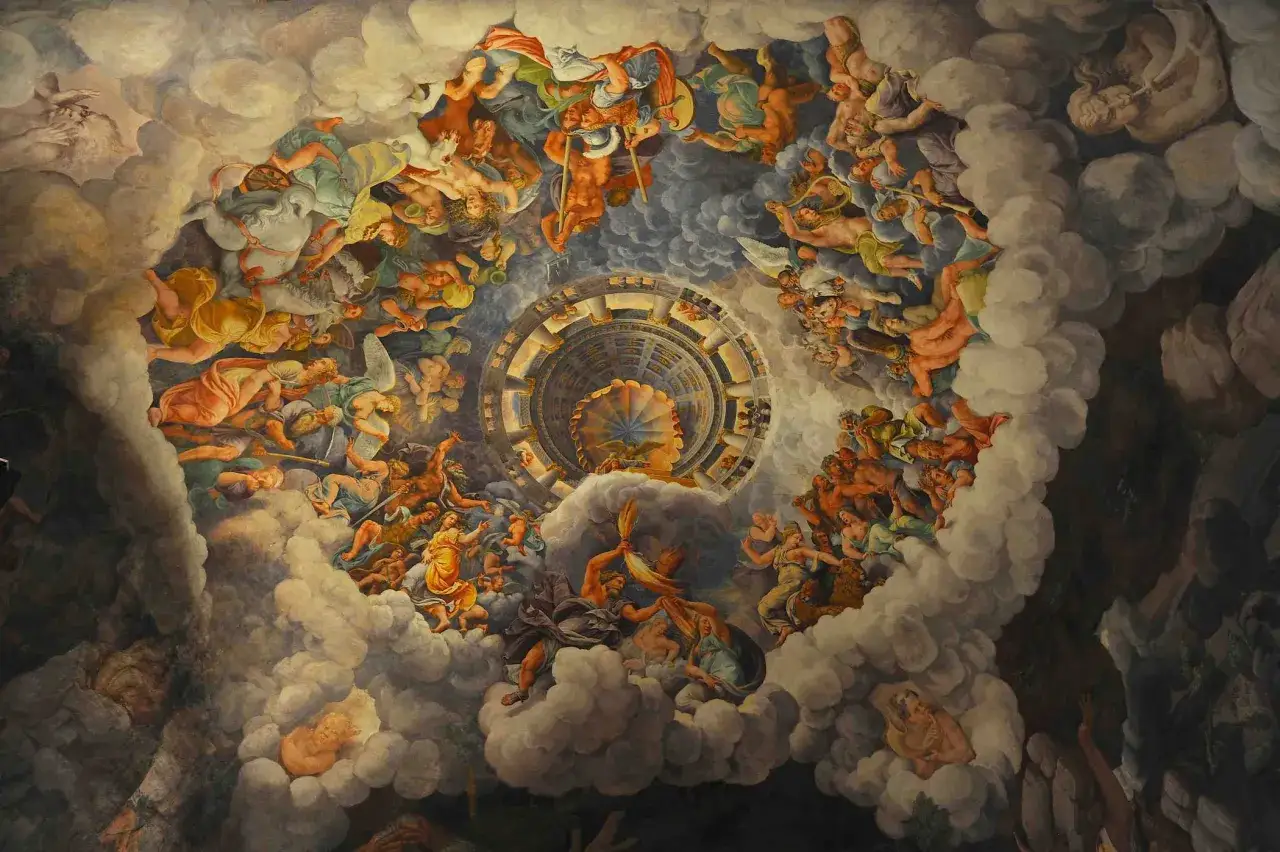 Affresco di un pittore manierista toscano raffigurante divinità e figure mitologiche tra le nuvole, con un'architettura circolare al centro.