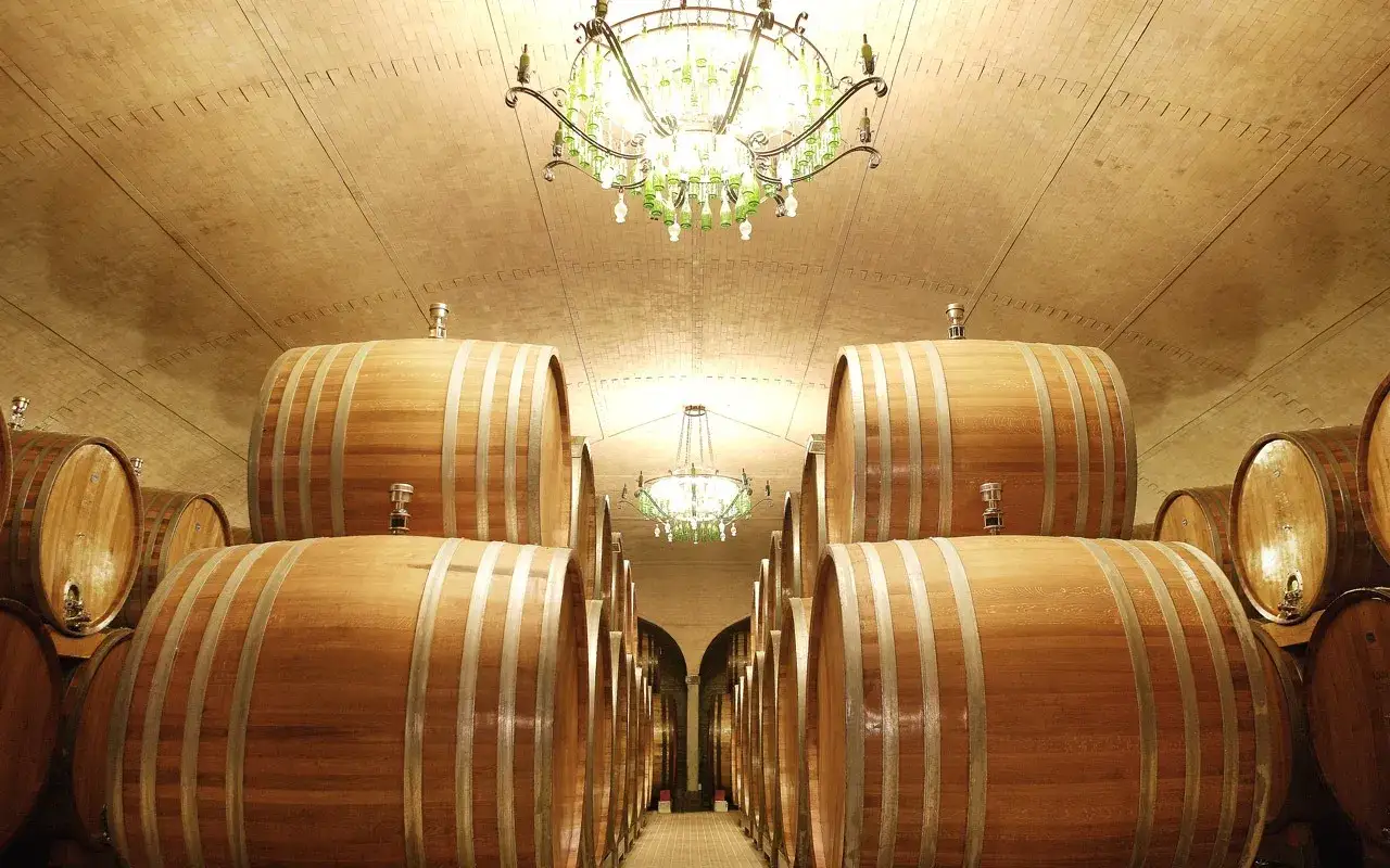 Cantina con botti di legno e lampadari eleganti, ideale per una visita in cantina con degustazione.