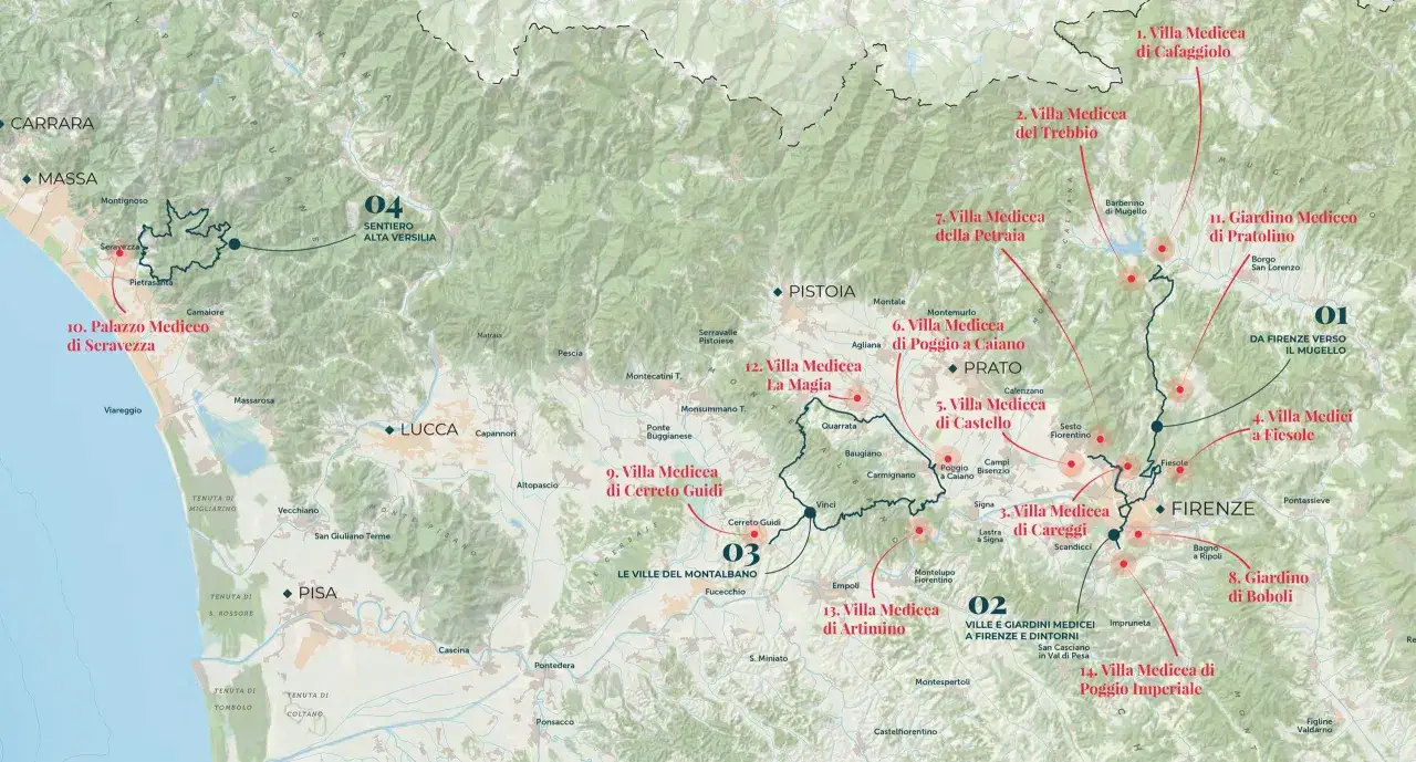 Mappa delle ville medicee visitabili in Toscana, con percorsi e punti di interesse.