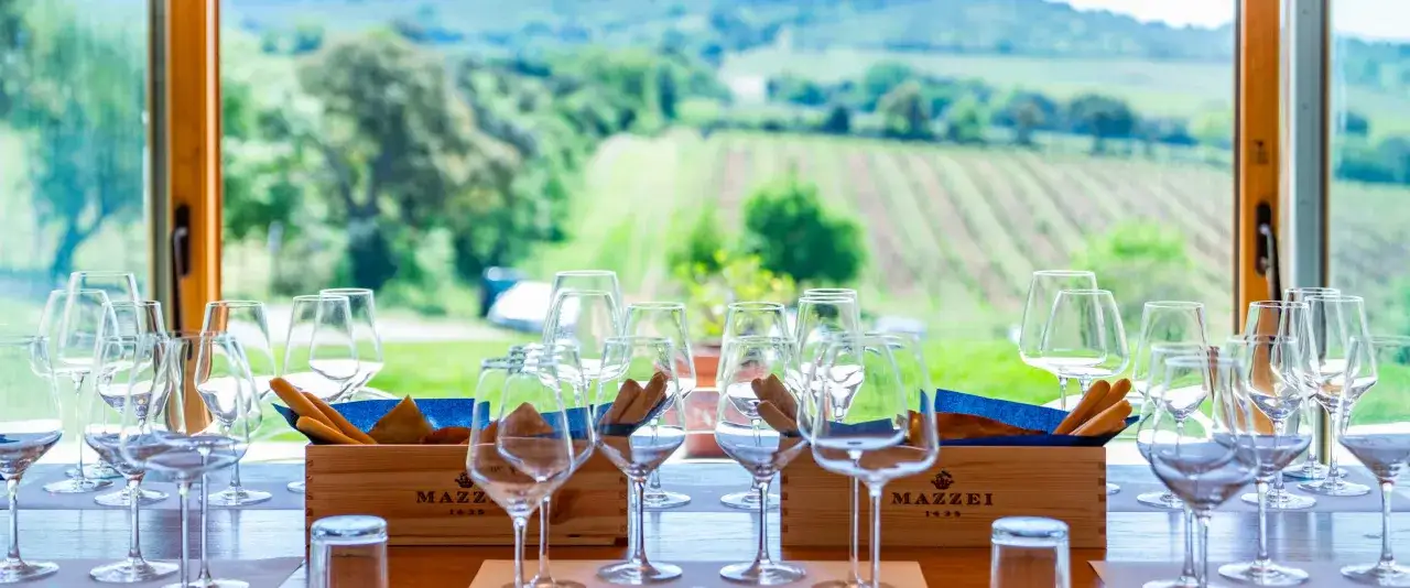 Bicchieri pronti per una degustazione di vino, con grissini e vista su vigneti. Un'esperienza per scoprire ogni tipo di vino.