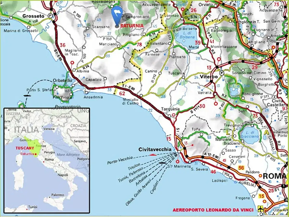 Mappa della Toscana: per capire come arrivare a Saturnia in treno, si vedono le linee ferroviarie che collegano Grosseto e Civitavecchia.